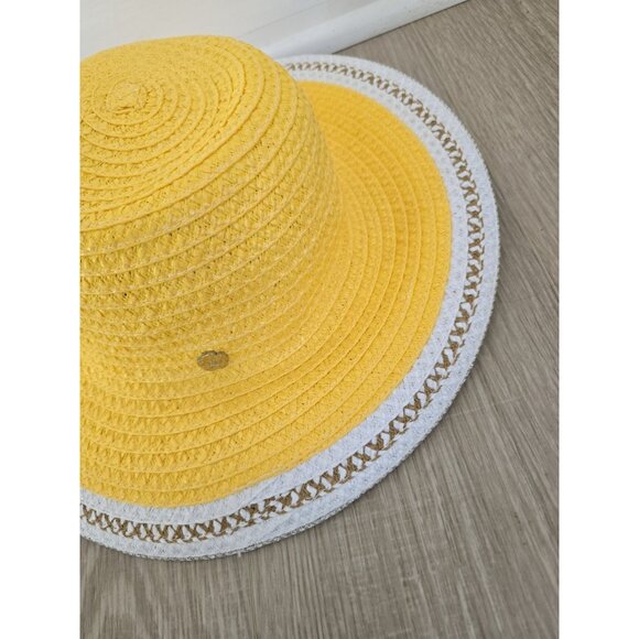 Eric Javits Yellow White Raffia Straw Wicker Sun Hat Wide Brim Beach UPF 50 OS - Picture 2 of 8